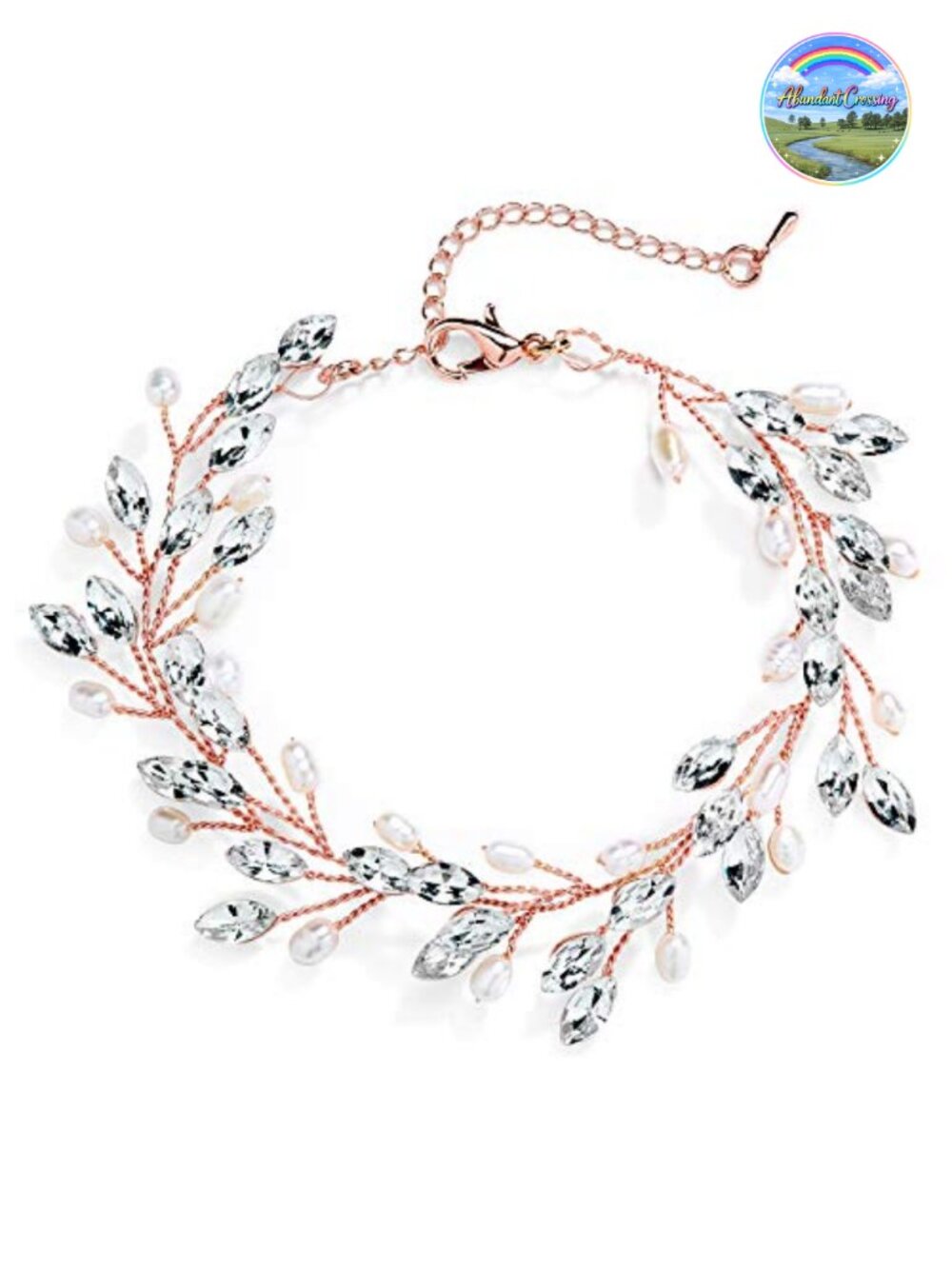 Rose Gold Crystal Pearl Bridal Bracelet - Adjustable Wedding Jewelry